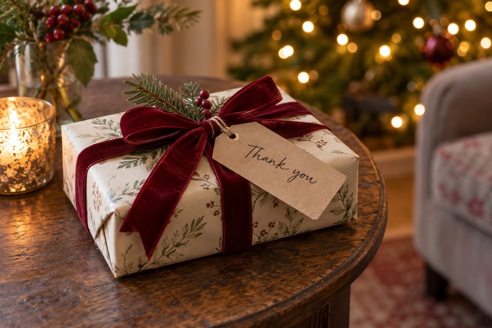 Christmas present with a handwritten thank-you gift tag