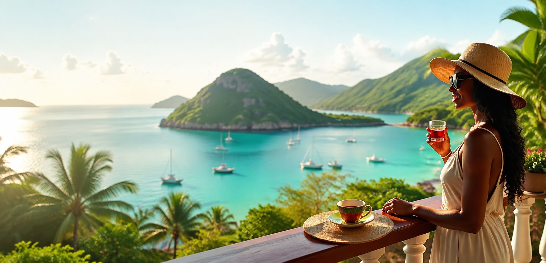 Caribbean coastline with a woman enjoying a cup of tea